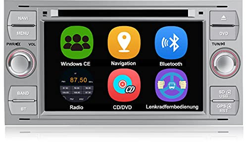 AWESAFE Radio für Ford Focus Mondeo S-Max C-Max Galaxy Doppel Din Radio mit Navi Bluetooth FM AM RDS CD Lenkradbedienung Mirrorlink-Silber