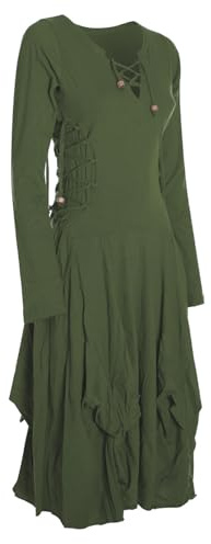 Vishes - Alternative Bekleidung- Langes Langarm Damen Kleid Ballonkleid Bio-Baumwolle Einfarbig mit Schnürung V-Ausschnitt