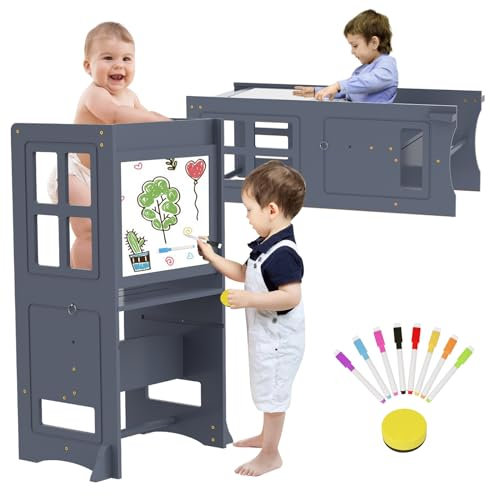 4 in 1 Küche Lernturm Kleinkind Küchenhocker Helper, Höhenverstellbar, Tritthocker für Kleinkinder 2 in 1 Umwandelbar Tisch Und Stuhl, Whiteboard für Kinder Küchentheke Badezimmer Waschbecken