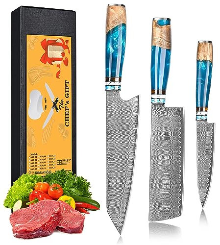 oFuun Set di coltelli da cucina damascato, coltello professionale, 3 pezzi, coltello da cucina, coltello da chef, coltello giapponese, in acciaio damascato, 67 strati, con manico ergonomico