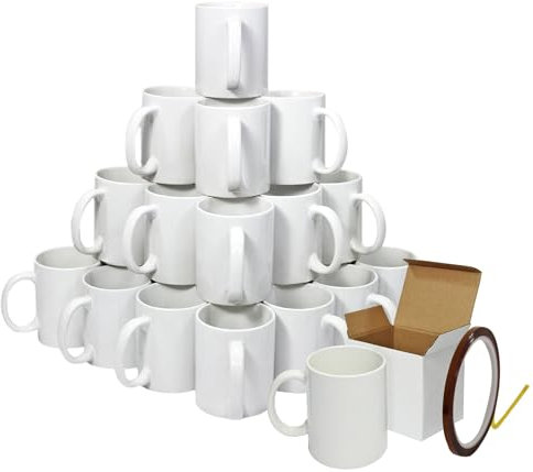 Pack de 36 Tazas de Sublimación en Blanco | Cerámica Recubierta de Polímero | 330ml | Grado AAA | Cajas de Regalo y Rollo de Cinta Térmica de 22m de x 0.5cm INCLUÍDOS| Apto Microondas y Lavavajillas