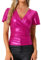 Allegra K Haut de Soirée Femme Blouse Métallique Col en V Manches à Volants Chemisier Cache-Cœur Brillant Rose Vif M