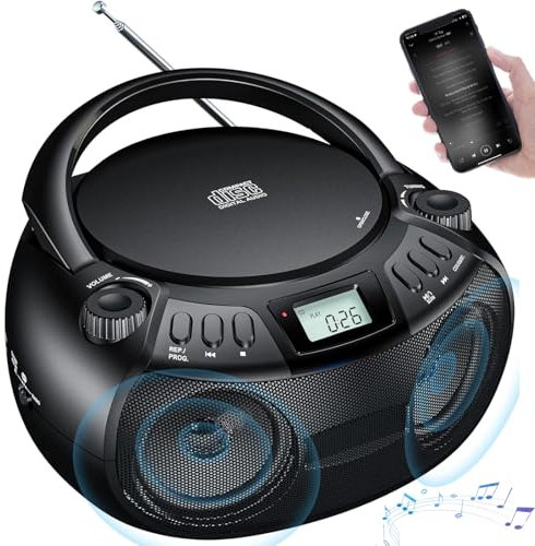 CD Cassette Player, Portable CD Player Boombox with Bluetooth Connection, AM/FM Radio, 3” Stereo Speakers, AUX Input, Lcd Display, Headphone Jack, Usb MP3 Playback, Music Centre for Home