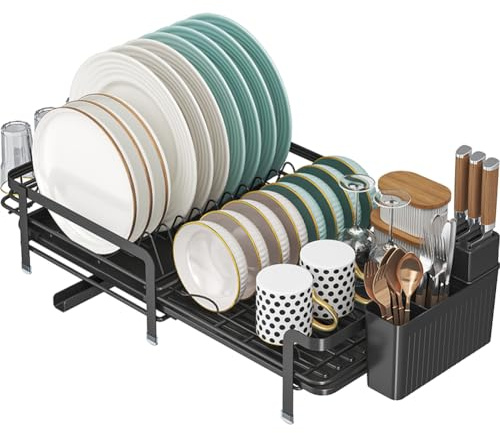 YunNasi Escurridor de Platos Extensible Organizador de Cubiertos y Ollas para Fregadero Ideal para Cocinas Pequeñas, 35-55 x 32 x 12 cm (Negro)