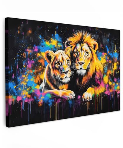 MuchoWow© Bild auf Leinwand Groß 120x80 cm XXL Schlafzimmer Bilder Badezimmer Wand Deko Wohnzimmer Modern Wanddeko Bilderwand Geschenk Löwen - Malerei - Farben