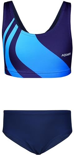 Aquarti Mädchen Sport Bikini Set, Wellen Blau Dunkelblau, 146