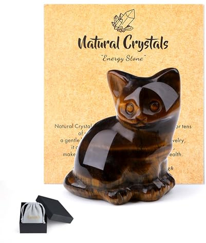 QINJIEJIE Tigers Eye Crystal Cat Figurine Crystal Gifts for Women | Good Luck Cat Themed Gift Cats Statue Home Office Desk Decor, Spiritual Gifts for Cats Lovers Men Christmas 1.5
