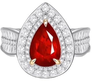 Epinki Echt Partnerringe Weißgold Au375 9 Karat, 3 Klaue Pärchen Ringe mit Labor Erstellt Rubin 2.14ct (Tropfenschliff, Rot), Moissanit Ring 9K Gold, Gr.49 (15.6)