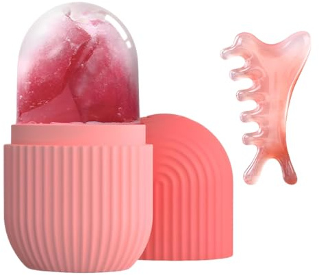 Ice Roller Eisroller Gesicht Silikon Ice Face Roller Wiederverwendbar 4-in-1-Massagekamm für Kühlung, Porenverfeinerung und Hautpflege (Rosa)