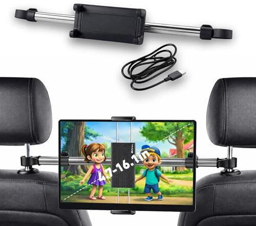 REVOLRACE - Soporte Tablet Coche Entre Dos Reposacabezas, Ultra Estable y Ajustable 360º, Compatible iPad 4.7-14, Ideal para Viajes en Asiento Trasero. Incluye Cable USB-c