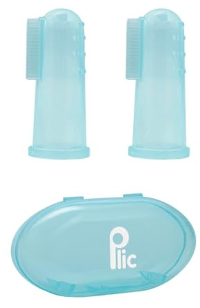 PLIC – Lot de 2 Doigtiers Brosse à Dents Bébé Silicone + Étui – Double Face : Massage Gencives & Nettoyage Dents – Soulage Poussée Dentaire – Souple & Stérilisable – (3 mois et +) - Vert (Bleu)