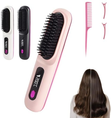 Stylingbürste für kurze Haare kabellos Haarglätter Bürste, Haarglätterbürste, tragbare Haarbürste elektrisch für unterwegs, wiederaufladbar, langanhaltendes & pflegendes Design für alle Haartypen