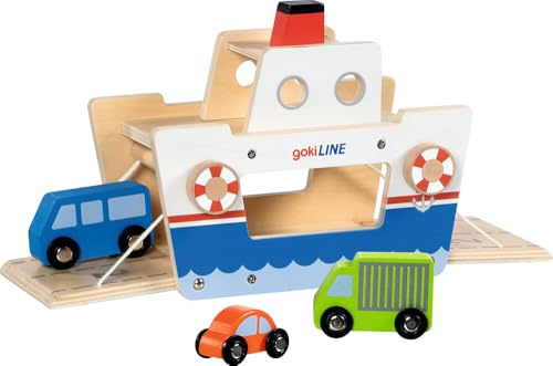 goki 53766 – Autofähre gokiLINE aus Holz mit Kurbel-Laderampen und 3 Fahrzeugen, Spielzeugfähre mit Autos, Hafen-Spielset für Spielautos