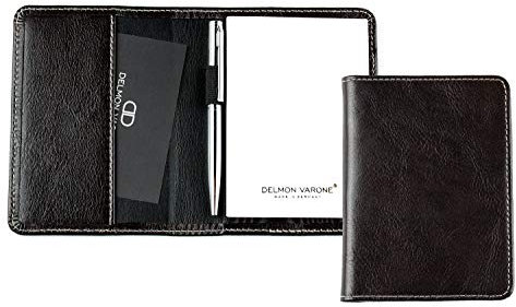 DELMON VARONE - Personalisierbares Notizblock Etui DIN A7 aus Leder Vintage Anilin braun, Taschen Memoblock im Lederetui mit Mini Kugelschreiber, Stiftschlaufe, Einschubfach und blanko Notizblöcke
