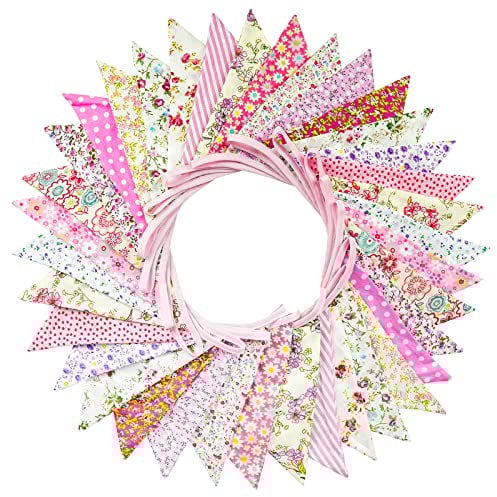 G2PLUS Süße Beidseitig Wimpel Girlande, 10M Bunting Wimpelkette Stoff, Rosa Stoffgirlande mit 36 STK Farbenfroh Wimpeln für Hochzeits Geburtstag Party