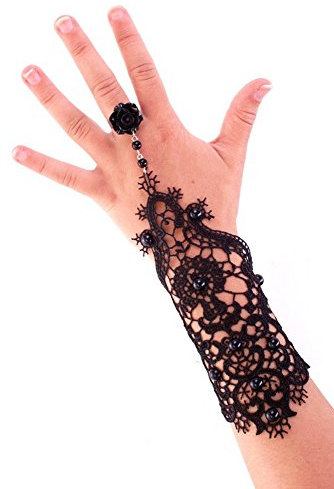 krautwear Damen 1 Handschuh Stulpe Brauthandschuh Spitze Schwarz Fingerlos Mit Häkelspitze Perlen Ring Steampunk Hochzeit Gothik Sexy Fasching Karneval