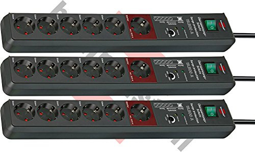 3er Sparpack Brennenstuhl Secure-Tec, Steckdosenleiste mit Überspannungsschutz und Master Slave Funktion (3m Kabel und Schalter) Farbe: anthrazit (6-Fach)