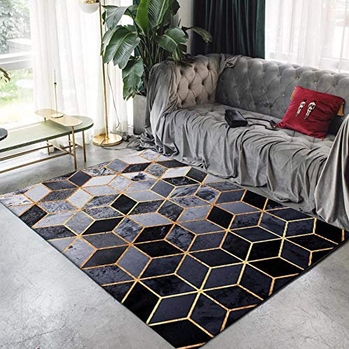 Outdoor-QJ Moderne Wohnzimmer Teppich Groß Bereich Teppich Schwarz, grau, Gold, geometrische Figuren 200x300CM