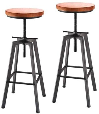 Youyijia 2pcs Industrial Bar Stool Adjustable Metal Swivel Chairs Round Wooden Seat Industrial Retro Barstools Vintage Tall Dining Chair for Kitchen Pub Counter Home