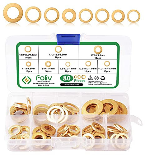 Foliv Juego de arandelas de latón 80 unidades, diámetro 8/9,2/10,2/11,2/12,2/13/13,2 mm en caja surtida, para elevar puertas para evitar el lijado de puertas en revestimientos de suelos