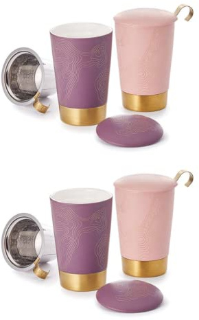 Teaeve 2 X NEU Kräuterteetasse Precious Porzellan, 3-teilig, 2-fach sortiert doppelwandig, mit gold. Edelstahlfuß, 0,35 l = 4 Tassen