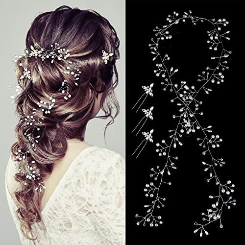 Silver Hair Vine - Testa di testa di matrimonio, accessorio per capelli da sposa, oro rosa extra lungo perla (oro rosa) (argento)