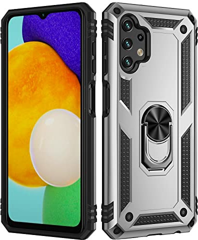 BestST Hülle für Samsung Galaxy A13 (4G) LTE + schutzfolie, Militärische Armor Hybrid Schutzhülle Silikon Stoßfest Bumper Cover Case Ringhalter Handytasche Handy Hüllen,Silber