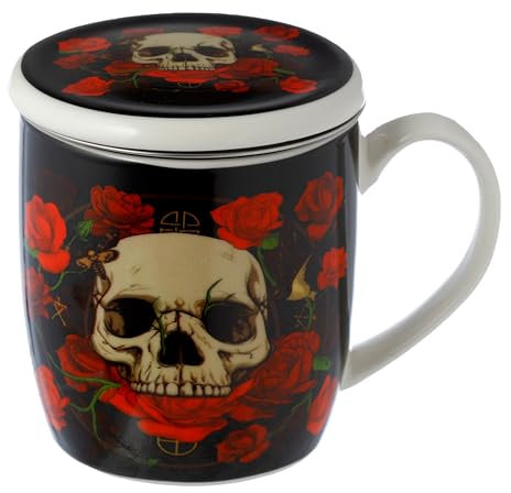Puckator Skulls & Roses Totenkopf Tasse aus Porzellan mit Teeei und Deckel