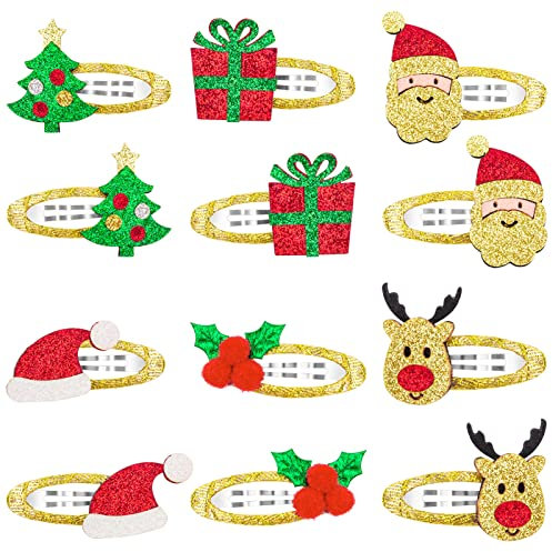 MELLIEX 12 Stück Haarspangen Weihnachten, Glitzer Snap Haarklammern Weihnachts Haarclips Haarschmuck für Mädchen Frauen