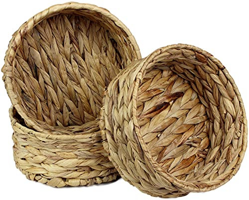 Small Water Hyacinth round baskets for storage Natural colour wicker basket shelves open. Decorative gift box Small bathroom mini tray makeup bathroom Kitchen organiser (Large 22cm, 3x basket)