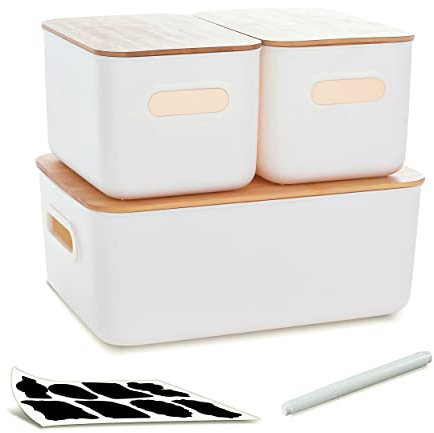 Kerhouze 3er Set Aufbewahrungsbox mit Bambus Deckel Weiß Aufbewahrungsbox Kunststoff Plastik Box für die Organisation stapelbar Aufbewahrungsbox mit Griff für Küche Badezimmer