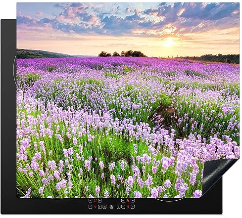 MuchoWow© Herdabdeckplatte Ceranfeld Spritzschutz Küche Lavendel | 60x52 cm - Blumen - Sonnenuntergang - Lila - Wiese Induktionsherd Abdeckung Induktionskochfeld Ceranfeldabdeckung