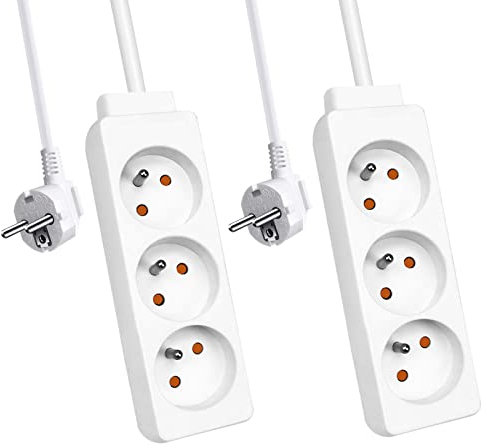 EXTRASTAR Multiprise, Bloc Multiprise 3 Prises 16A Blanc, Multiprise Electrique rallonge multiprises H05VV-F,3G1.0mm2, 1.5M - Lot de 2