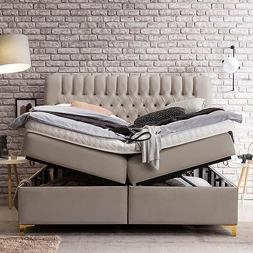 Boxspringbett mit XXL Bettkasten 180x200cm Chester Velours, ohne Topper, Stauraum, Füße Gold-Optik, 7 Zonen Matratze, Lieferung und Aufbau KOSTENLOS (Taupe, 180x200 cm ohne Topper)