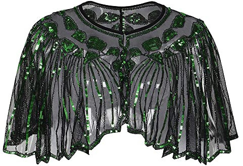 SPORTARC Vintage Boutique Schal mit Perlen und Pailletten, 1920er-Jahre, Retro-Stil, Flapper, Dekoration, Abendparty, Umhang, Schwarz + Grün