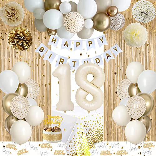 18 Geburtstag Deko, 18 Geburtstagsdeko Mädchen Junge, Weiß Gold Party Deko 18 Luftballon, 18 Geburtstag Frauen Männer, Happy Birthday Girlande, Geburtstags Tischdeko für Frauen Mann