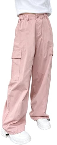 Rolanko Pantalon Cargo pour Filles, Pantalon Baggy en Coton à Taille Elastiquée avec Plusieurs Poches pour Les Enfants de 6 à 15 Ans