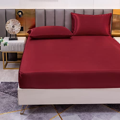 Satin Spannbettlaken Einfarbig 200x220 cm für Matratzen bis 30cm, Betttuch Leintuch Weiche Polyester-Satin Spannbetttuch Bettlaken Weinrot