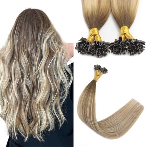 Sindra U Tip Hair Extensions Real Human Hair 18 Inch 50g Balayage Walnut Brown to Ash Brown and Blonde Pre Bonded Fusion Extensions Straight 50 Strands/Pack #3/8/22 18inch