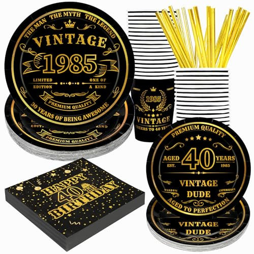 40th Birthday Decorations for Men, Vintage 1985 Disposable Paper Plates and Napkins Set with 9oz Cups, Straws Party Supplies 120Pcs Serves 24 Guests