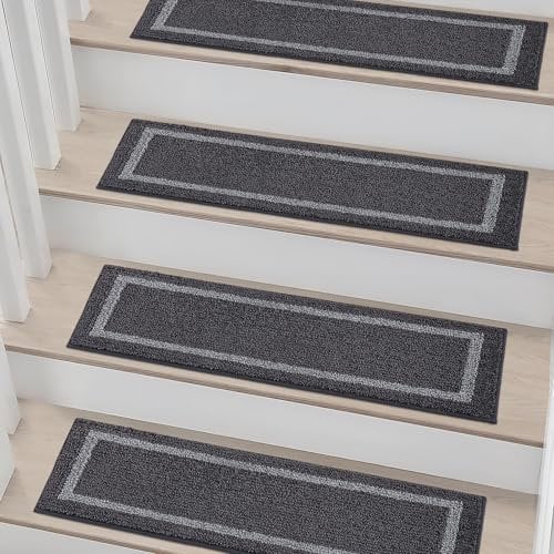 COSY HOMEER Carpet Stair Treads 15pcs Set, Non-Slip Indoor Carpet Treads for Stairs for Kids Elders and Dogs, 100% Polyester Quick Peel Self-adhesive Stair Runner Rug Pads, 22 x 70cm, Black