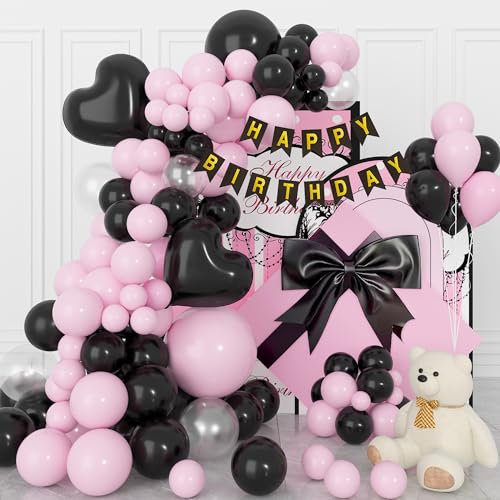 Geburtstagsdeko für Frauen Mädchen, Pink Schwarz Luftballons Geburtstag, Geburtstag Party Deko Set Enthalten Happy Birthday Banner, 89 Stück Ballons Schwarz Tortendeko Geburtstag Mädchen Frauen