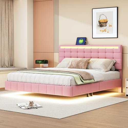 Merax Polsterbett 160 x 200 cm,Doppelbett,Gepolsterter Schwebebettrahmen mit LED-Leuchten und Kopfteildesign, flächiges Doppelbett - Leinen Rosa (ohne Matratze)