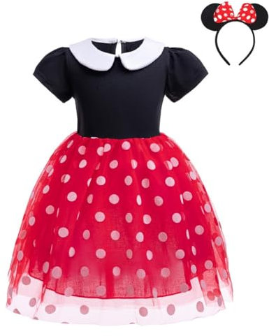 Lito Angels Minnie Fancy Dress Up Costume with Mouse Ears Headband Mini Polka Dots Tulle Skirt Outfit for Little Kids Girls Age 2-3 Years, Red (Tag Number 100)