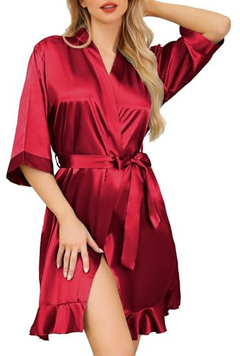 Wikoan Peignoir Satin Femme Robes de Mariée pour Femmes Peignoir de Bain Soie Robes Court Vêtements de Nuit Doux pour le Mariage Col en V Rouge Vin XL