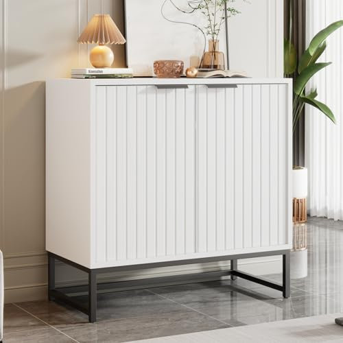 Ravas Moderne Sideboard Kommode mit 2 Türen in Vakuum-Formgebung, Standschrank Lagerung Schrank mit Metallgriffen und Rahmenbeinen, geeignet für Wohnzimmer, Flur und Esszimmer -B80/T40/H80 cm,weiß