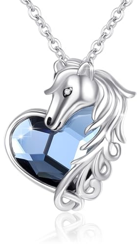 PARYFO Pferde Halskette für Damen 925 Sterling Silber Blau Kristall Herz Anhänger Schmuck Geburtstag Geschenk für Frauen Pferdeliebhaber