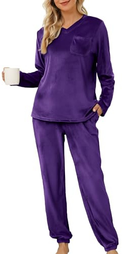Lovasy Pigiama Donna in Pile Invernale Caldo Morbido e Confortevole | Pigiama a Maniche Lunghe con Scollo a V Set Pigiami Due Pezzi Leggero con Tasche