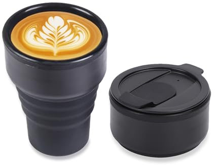 EYQ Collapsible Coffee Cup 375 ml, Reusable 12oz Coffee Cup, Silicone Foldable Water Bottles, Travel Mug for Hot Cold Drinks for Office Fitness Gym Outdoor Sports Travel Camping, Pocket Size (Black)