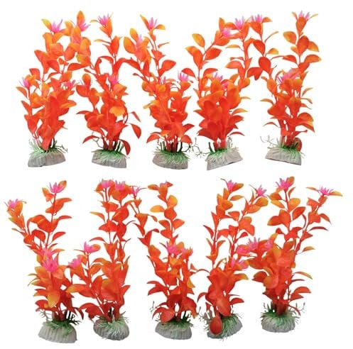 10 Pack Aquarium Fish Tank 8 Plastic Plants for Aquarium Decoration Decor in Multiple Plant Styles & Vibrant Colour Plants For Freshwater & Marine Aquariums (Orange With Pink Flowers)
